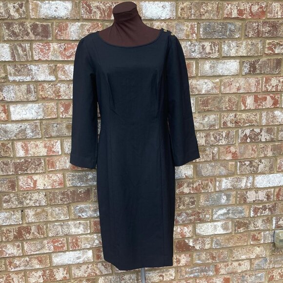 Tory Burch Black Puff Shoulder Gold Buttons Boat Neckline Goth Sheath Dress 8 - Picture 2 of 6